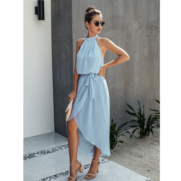 Halter Top Belted Asymmetrical Blue Midi Dress - Picture 5 of 7